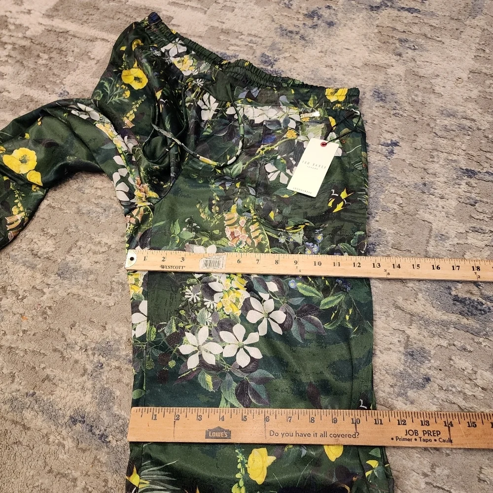 NWT Ted Baker Satin 2 Piece Pajama Set Boxy Green Botanical Birds Size Large